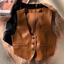 Lady Vintage Gilet Waistcoat Vest PU Faux Leather Sleeveless Top Button Slim