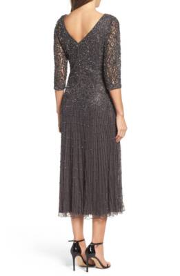 Pisarro Nights Beaded Mesh Gown Petite Sz 8P Charcoal Pisarro Nights Beaded Mesh Gown Petite Sz 8P Charcoal
