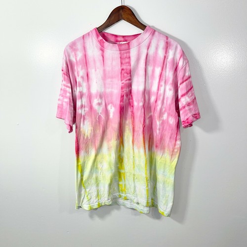VINTAGE 90s Yellow Pink Tie Dye Blank T 