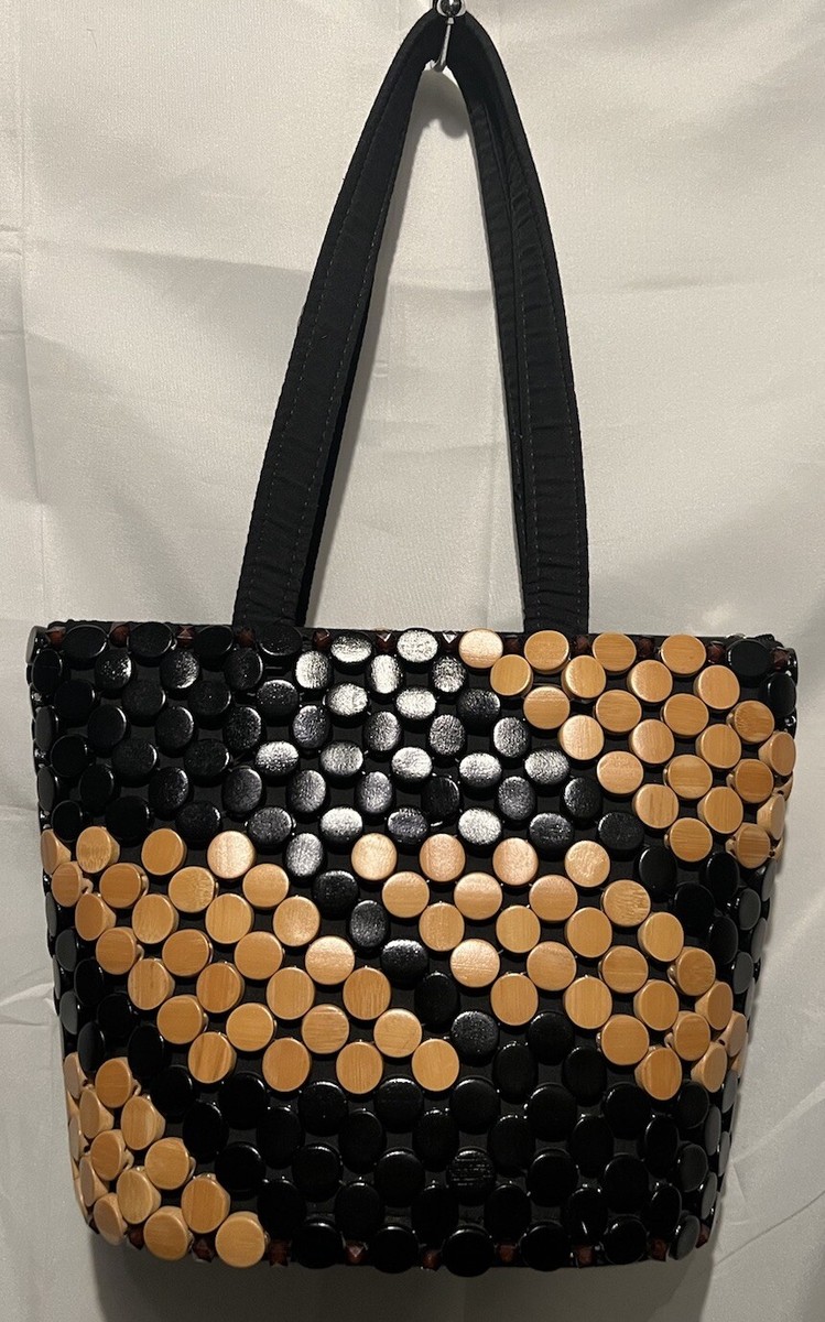 Vintage Handmade Wooden Beaded Handbag Black Natural Wood Maker 