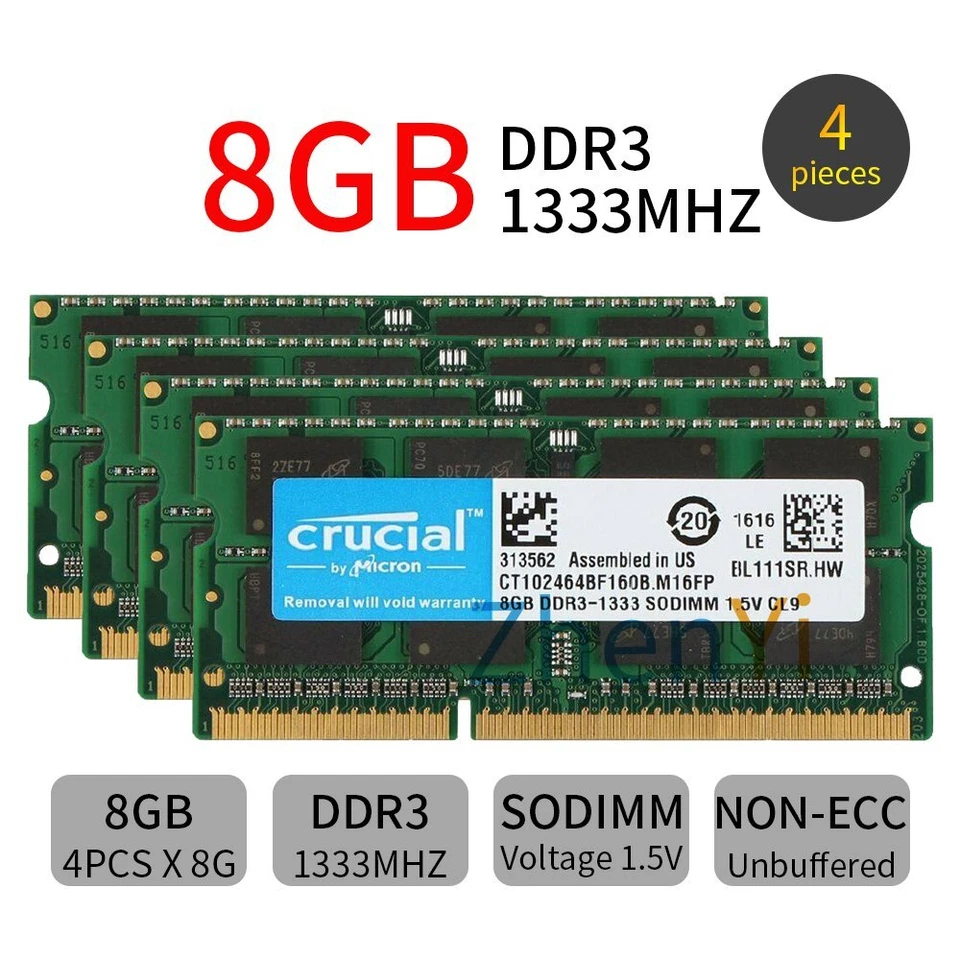 For Crucial 32GB 16GB 8GB DDR3 1333MHz PC3-10600S 2Rx8 SODIMM Laptop RAM Lot UH - Image 2 of 4