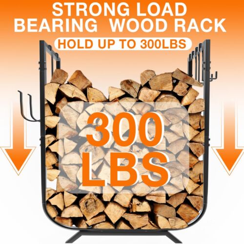 41Gal Firewood Rack Holder with 6 Hooks, Sturdy In/Outdoor Log Storage Organizer - Picture 6 of 12