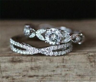 2 Ct Round Simulated Art Deco Wedding Band Bridal Ring Set 14K White Gold Plated