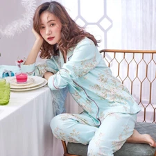 100% Cotton Women Pajama Set Soft Long Sleeve Pajamas Long Pants with Pockets