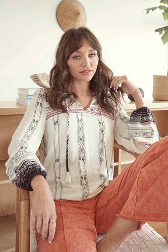 Mystree Boho Border Print Tassel Tie Top - Picture 6 of 8