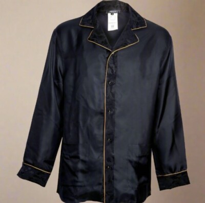 NEW WITH TAGS Versace Mens Gold Trim Silk Pyjama Top, Black