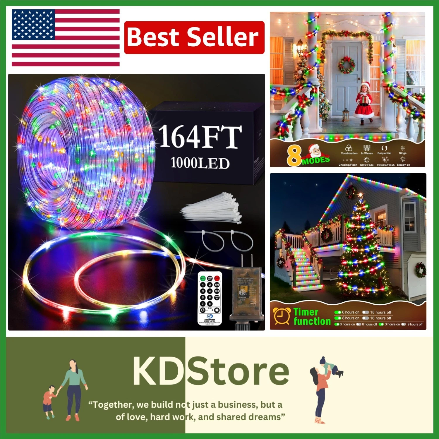 164ft Outdoor Waterproof LED Rope Lights 1000 LEDs 8 Modes Decor for Home Garden