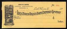 1890's Lock Haven Trust and Safe Deposit Co Smith Bros. Greenburr, PA Bank Check