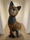 Whimsical Cat Wood Carved Figure Primitive Folk Art Decor Studded Metal — photo 4
