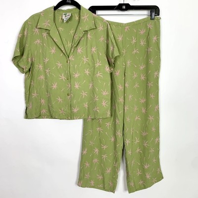 KulaKula 100% Silk Pants Top Set Medium Green Tiki Hawaiian Palm Tree Aloha