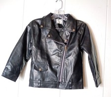 Girls 140 8-9 Black Faux Leather Jacket Motorcycle Moto Zip Up Coat Goth Biker