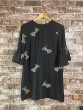 New Look Black Floral Embroidered Shift Mini Dress Flute Frill Sleeve UK 12