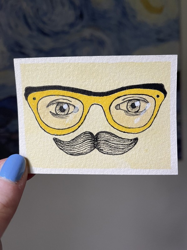 ACEO Original Art Card portrait glasses mustache painting by Candice Zuspann