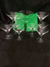 Giant  Hand Blown Martini Glass By Art Land Green Olive Base 7.75”   & 8 MARTINI