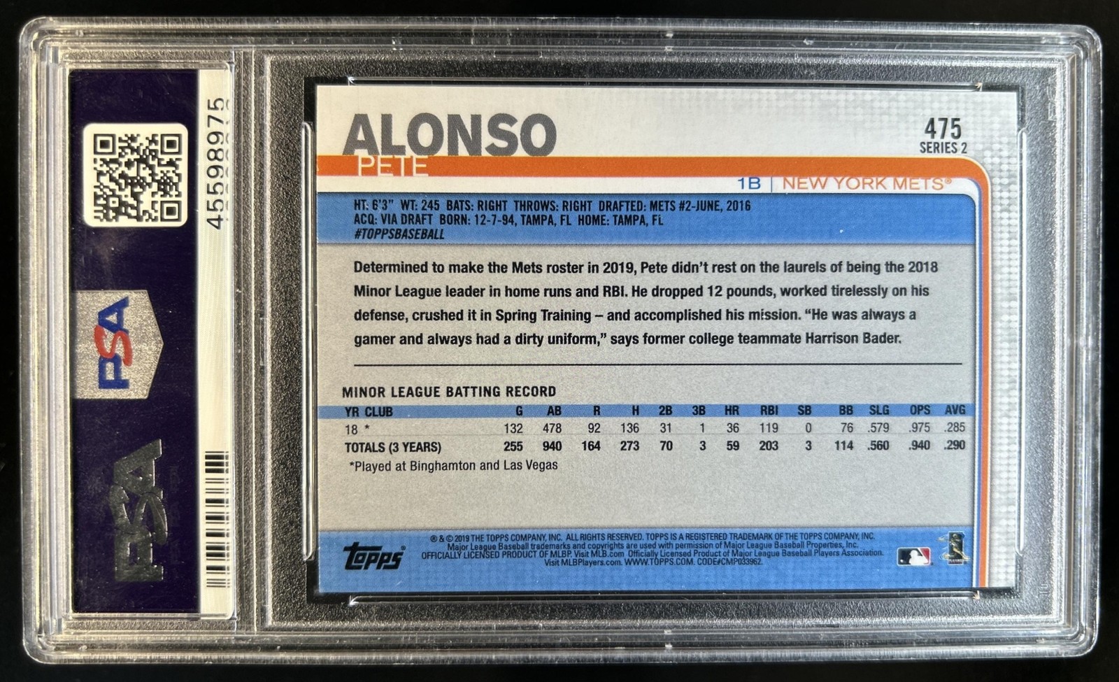 2019 Topps Pete Alonso Rainbow Foil Rookie RC #475 Mets PSA 9 view 2