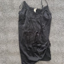 H&M Black Satin Lace Trim Mini Dress Side Knot Detail Adjustable Straps Medium