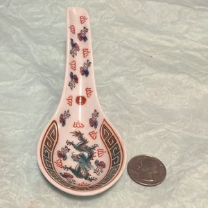 Porcelain Dragon Spoon Rest, White with Multicolor Border, MPN 10