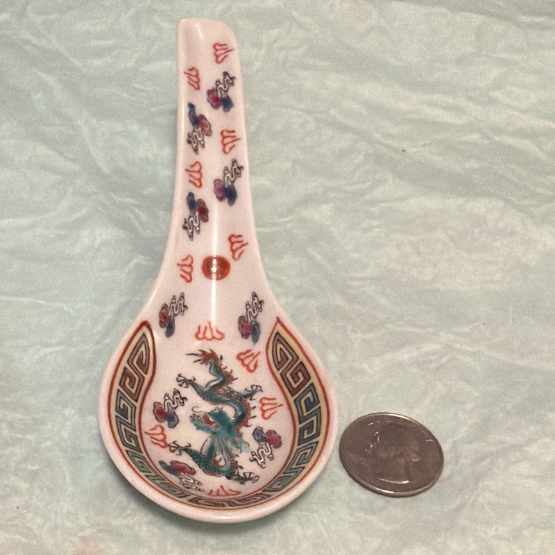 Porcelain Dragon Spoon Rest, White with Multicolor Border, MPN 10