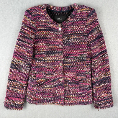 Set Urban Deluxe Knit Blazer Jacket Women s 6 Purple Snap Front Pocket V Neck