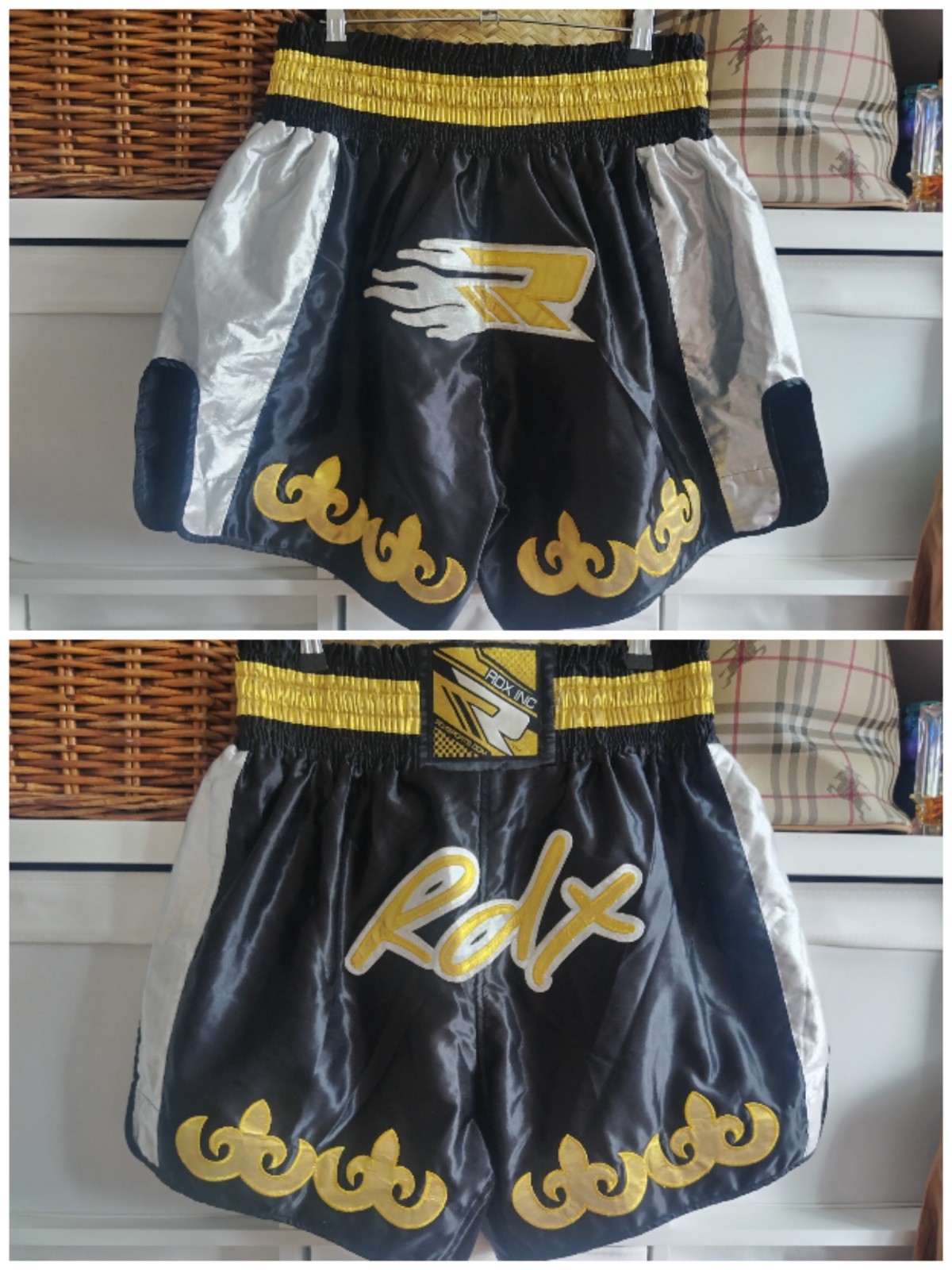 Pantalones Cortos de Boxeo Muay Thai M, Cintura 30 - 32", RDX, Negro Dorado Plata Satinado