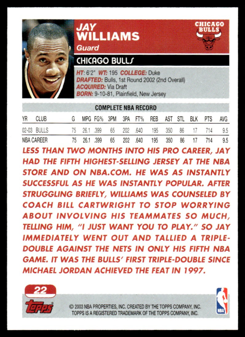 2003-04 Topps Jay Williams Chicago Bulls #22 | eBay