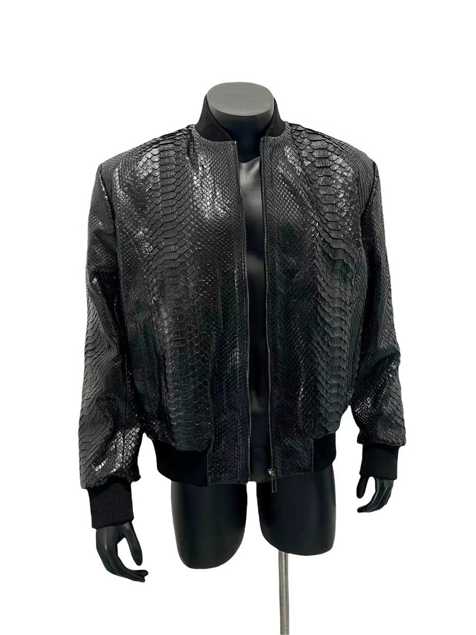 Men's Black Exotic Snake Texture Bomber Jacket Python Print Real Leather Jacket