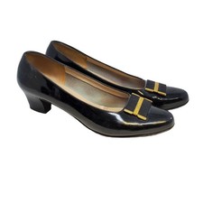 Vintage 80s Ferragamo 7.5 Black Pump Heel Spellout Bow Career Classic Formal