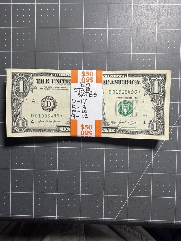 Bundle 50 $1 FR Star Notes . Federal Reserve D-17 E-3 F-18 G-12