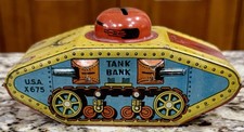 1930s Tin Litho Tank Bank - Made in USA 45 - 6 1/2” Across