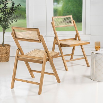 JONATHAN Y FLD1000 Theo Wood Rattan Folding Chair w/ Adjustable Back (Set of 2)