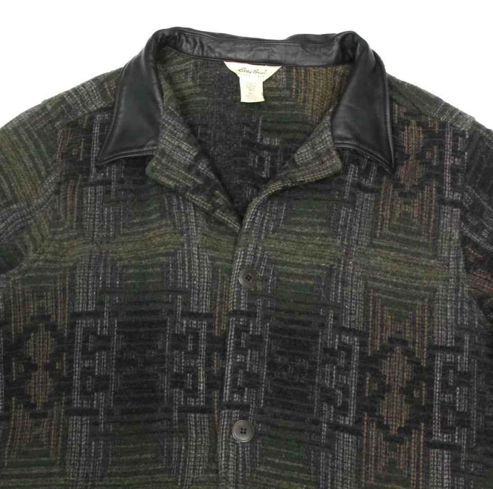EDDIE BAUER Chaqueta de Lana Azteca Tweed Cuero Cuello De Colección EE. UU. Abrigo Para Hombres XXG/995 Foto 2 de 4