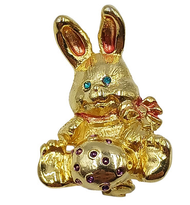 Bunny Rabbit Holding Easter Egg Brooch Pin Gold Tone Rhinestone Eyes  1 1/2'' VTG