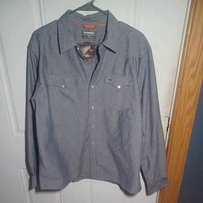 Simms Fishing No-Tellum Shirt Blue/Gray Pearl Snap Travel Fishing Size Large