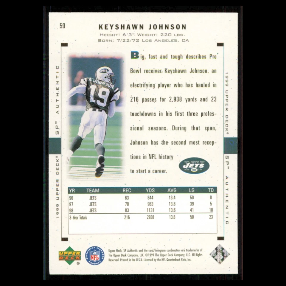 Keyshawn Johnson #59 1999 SP Authentic New York Jets Football Card NFL NM - Image 2 of 3