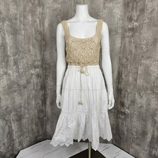Anthropologie Beckett Beige Crochet Dress Womens S White Eyelet Tiered Scoop