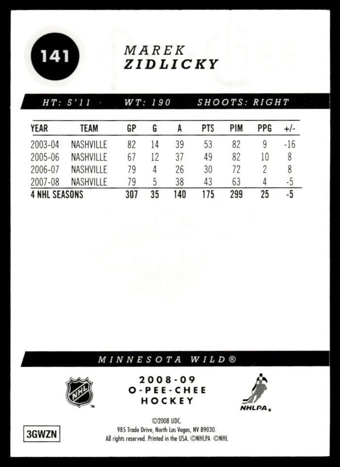 2008-09 O-Pee-Chee Gold Marek Zidlicky Minnesota Wild #141 - Image 2 of 2