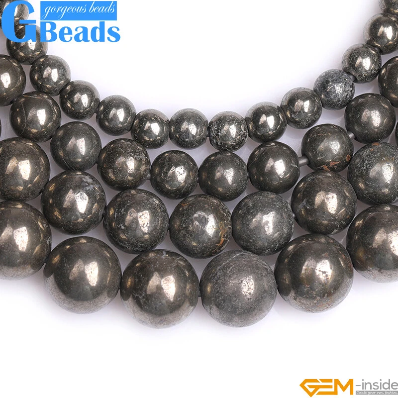 Natural Gray Pyrite Round Stone Beads Precious Jewelry Making Free Shippipping - Image 3 of 4