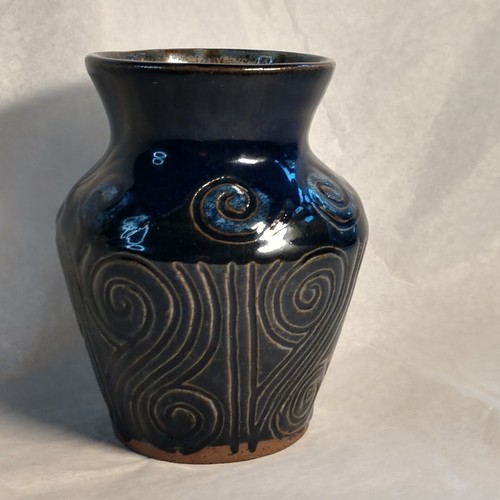 Artisan Stoneware Hand Thrown Pottery Signed Dated Cobalt Blue Spiral Motifs - Picture 2 of 11