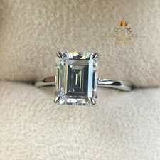 Solid 14K White Gold Moissanite Solitaire Engagement Ring 2 CT Emerald Cut VVS1