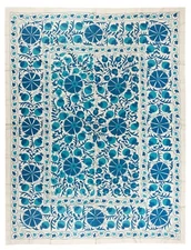 6.3x8 Ft Silk Hand Embroidered Suzani Bed Cover, Uzbek Authentic Wall Hanging