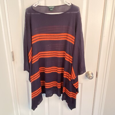 Ralph Lauren Poncho Cape Sweater Orange Navy Blue Dolman Sleeve Rugby Stripe