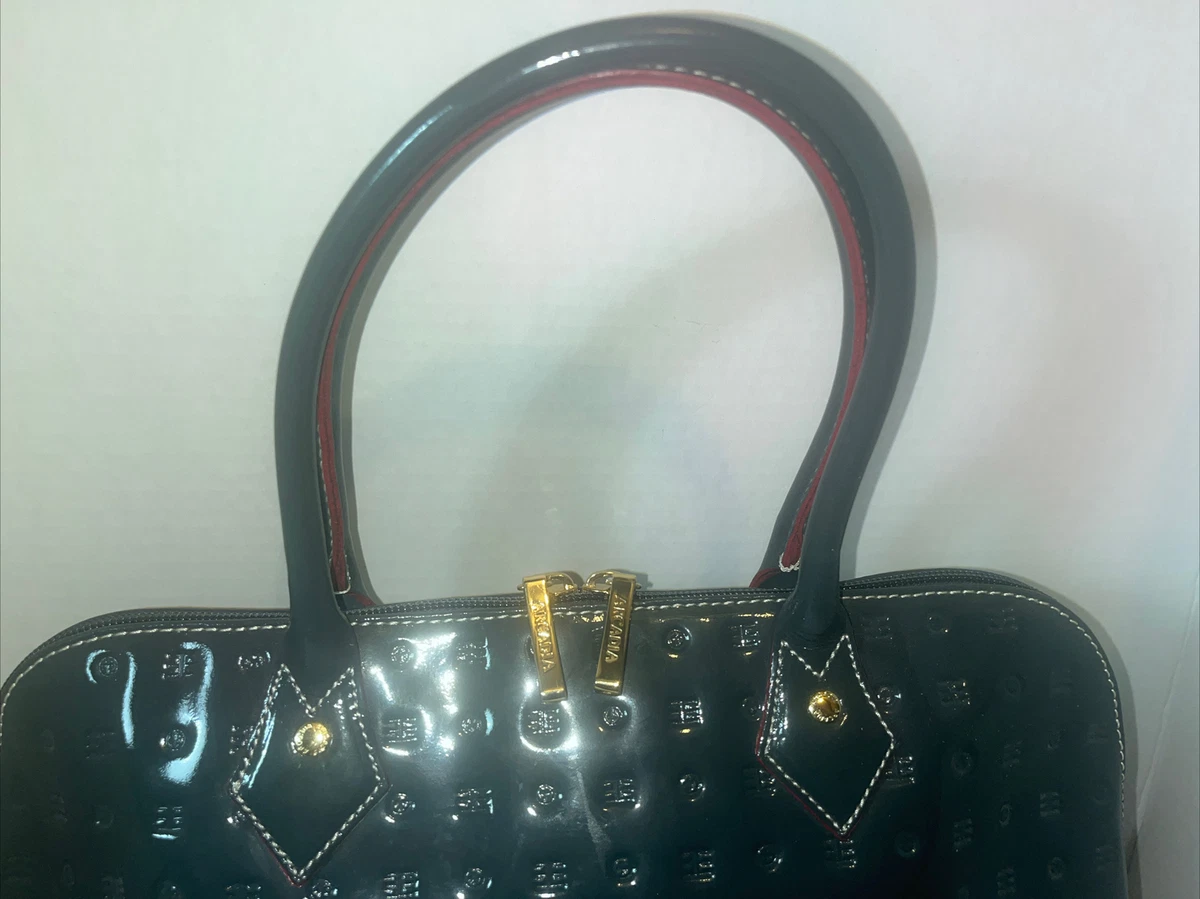New ARCADIA Gray Logo Patent Leather Zip Around Satchel Handbag