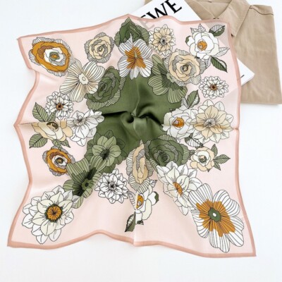 100% Mulberry Silk 20'' Square Scarf Women Neckerchief Bandana Pink Green Flowers