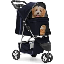 3 Wheels Foldable Pet Stroller Cats & Dogs Carrier Cart with Cup Holder & Basket