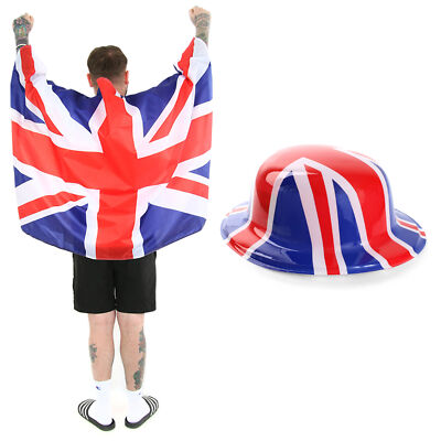 ERWACHSENE UNION JACK FLAGGE UMHANG & HUT KOSTÜM SPORT VE DAY 2025 PARTY PAKET