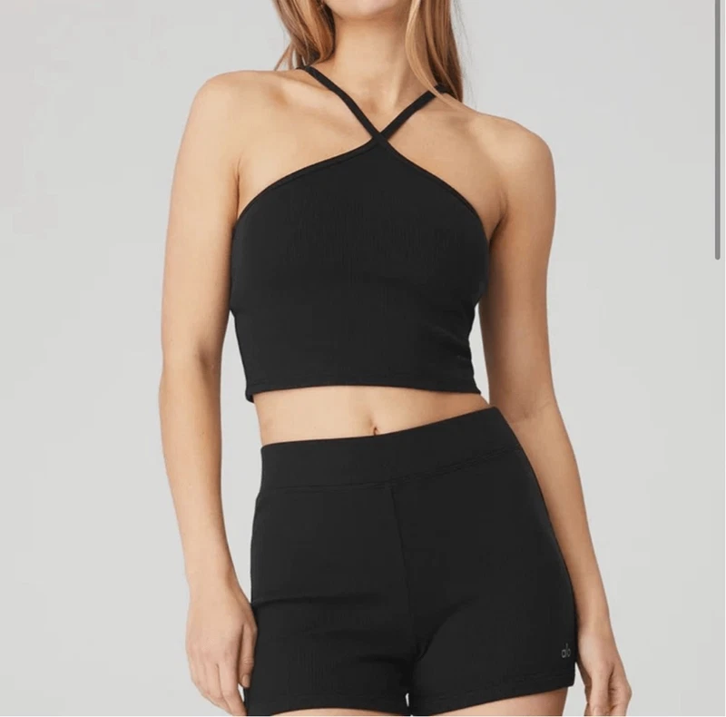 alo-yoga goddess ribbed t strap halter crop long line tank-bra