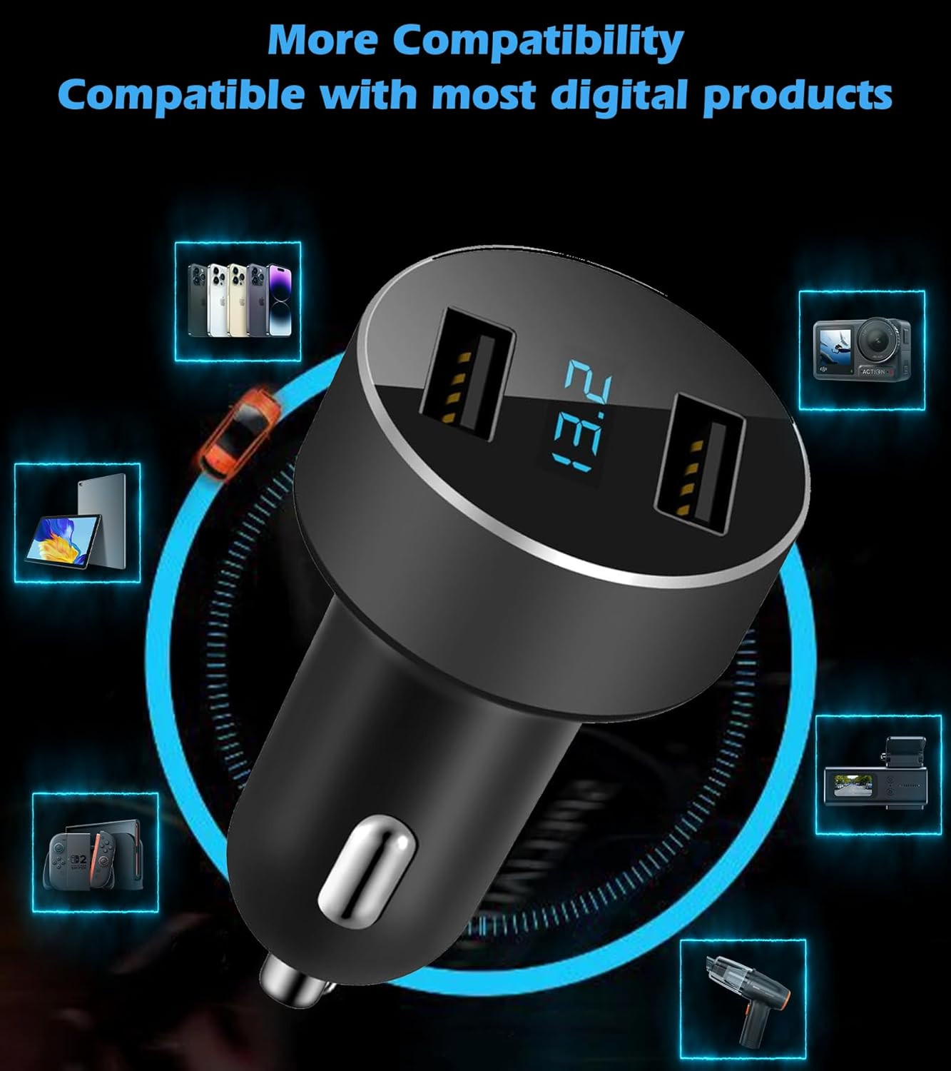 2 USB Car Charger,12V/24V Voltage Meter, Output 4.8A, Cigarette Lighter Plug Ada