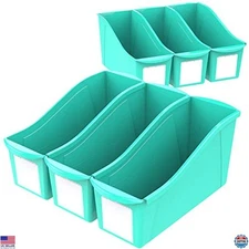 Storex Teal Large Book Bin Set - 6 Interlocking Plastic Organizers for Classroom