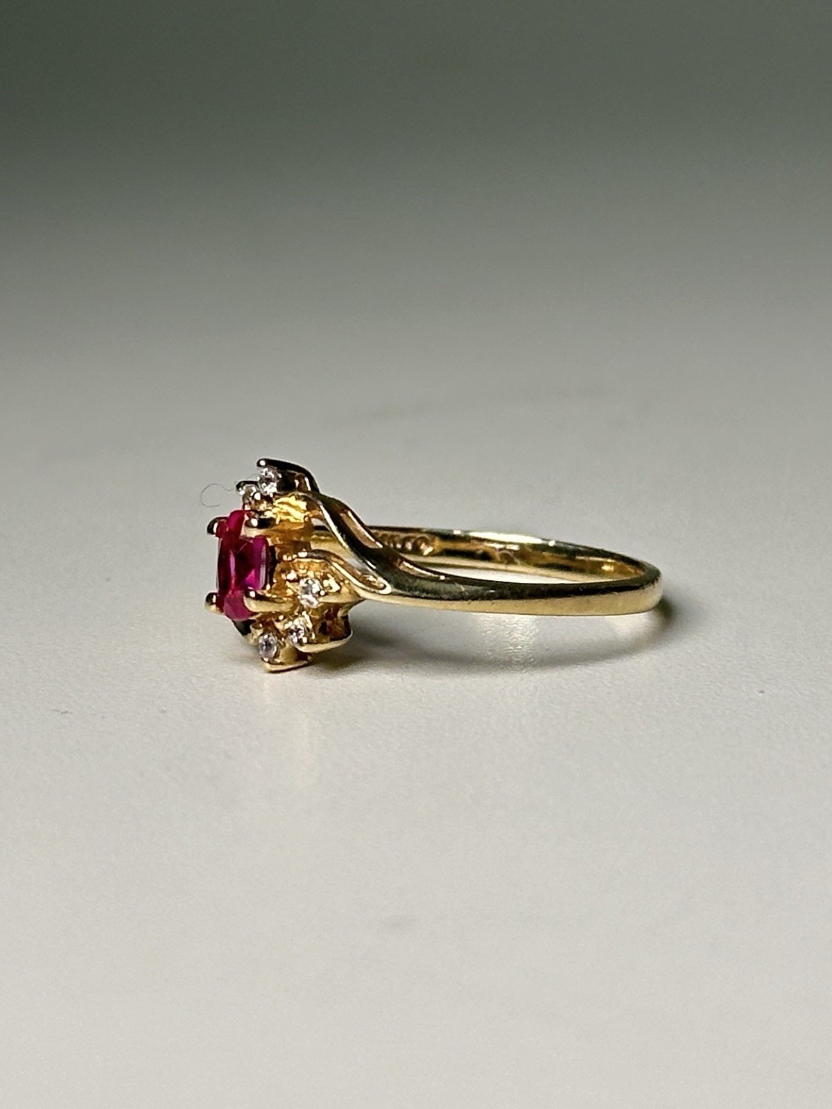 Solid 14K Yellow Gold Ring & Ruby & CZ, Sz 6.5 - image 3