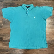 Polo Ralph Lauren Mens Large Polo Shirt Blue Green Pique S/S Made in USA Vintage